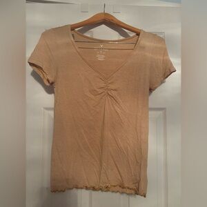 American Eagle Outfitters Yellow Ruched V-Neck Tee